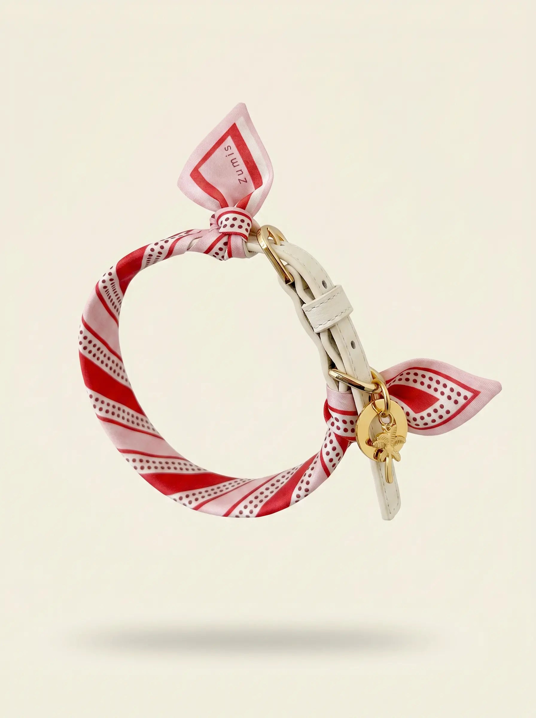 Collier chien cuir végétal Albâtre et foulard en soie rose Aurore Poudrée – Zumis Paris
