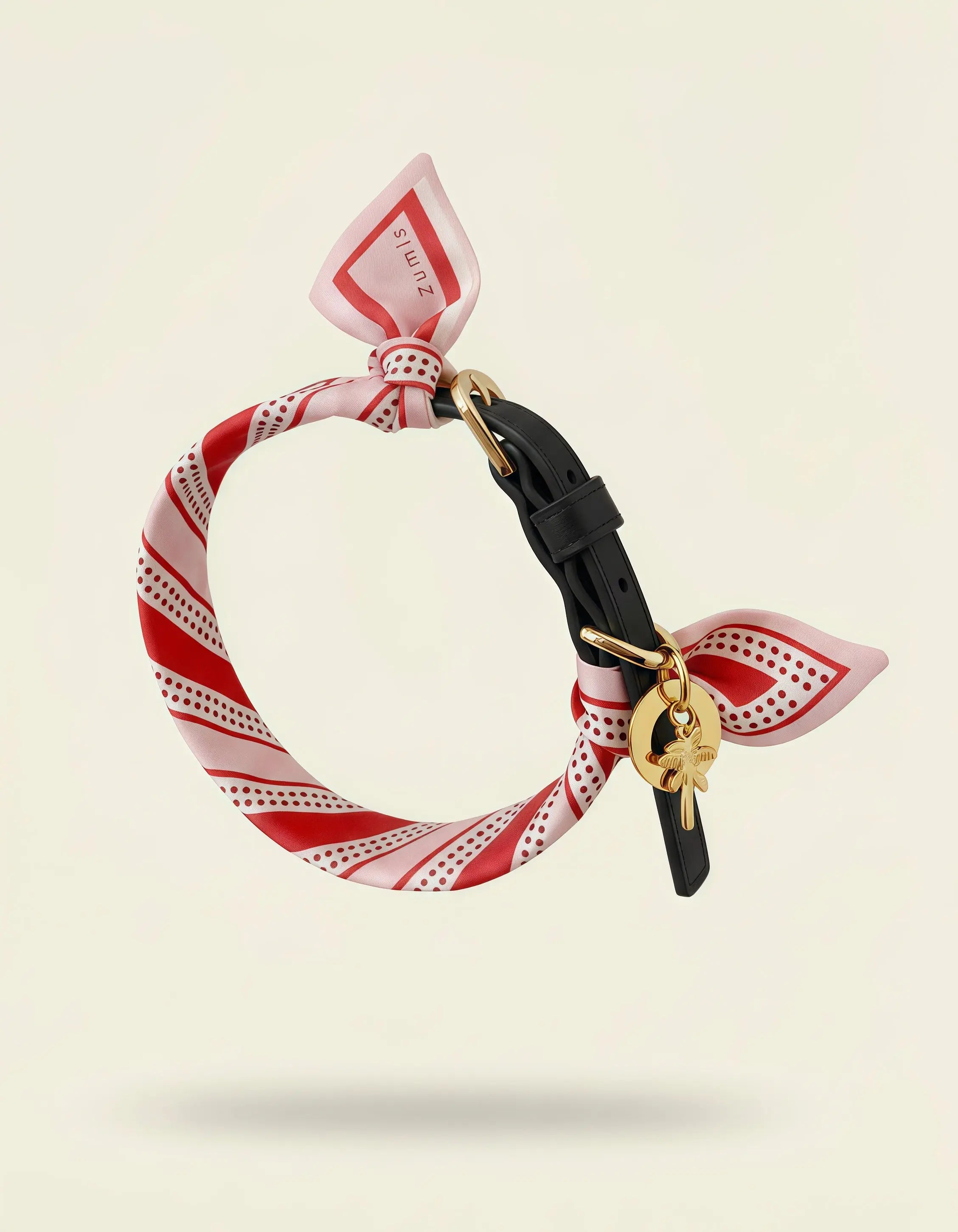 Collier chien cuir végétal Anthracite et foulard en soie rose Aurore Poudrée – Zumis Paris
